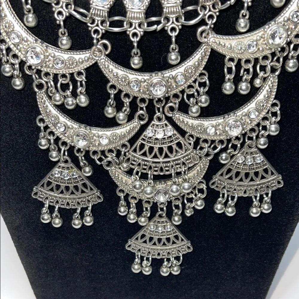 Silver Tone Statement Necklace with rhinestones and dangling beads - Picture 2 of 11